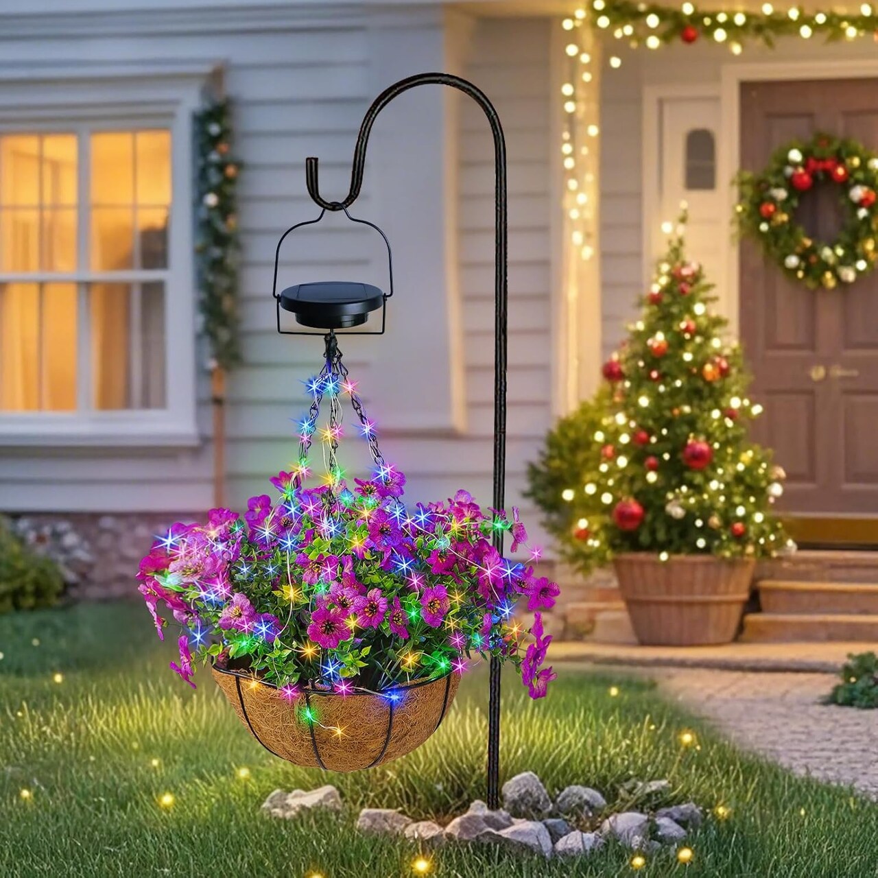 Solar Hanging Flower Basket – 10” UV-Resistant Faux Flowers with Solar Lights Garden Decor (Purple)